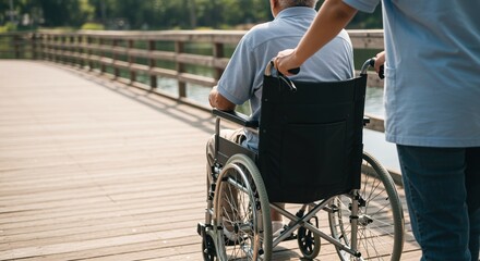 caregiver pushing elderly man in wheelchair along wooden boardwalk on sunny day outdoors