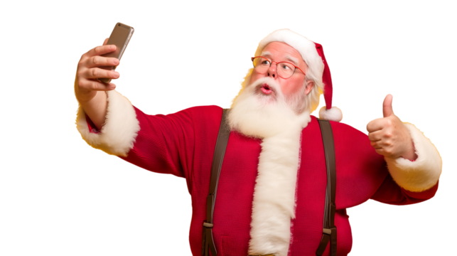 Santa taking a selfie on his mobile phone with a thumbs up. Ho ho ho! Spreading holiday cheer digitally from the North Pole.