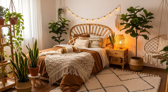 Cozy Bohemian Bedroom Oasis with Lush Green Plants and String Lights for a Serene Retreat