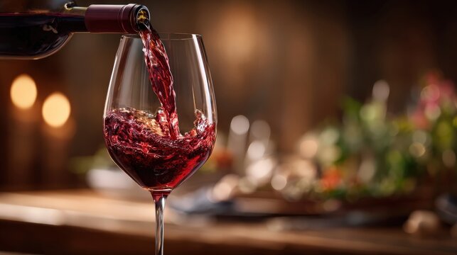 Pouring red wine into a glass with elegant background setting