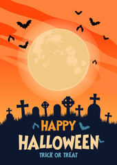 Happy Halloween Poster with Full Moon, Bats, and Graveyard Silhouette