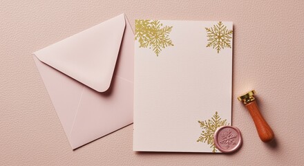 elegant holiday card with envelope and wax seal on textured background with gold snowflakes design