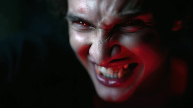 Cinematic close-up of a monstrous vampire screaming with blood-stained mouth and glowing red eyes, dark gothic horror atmosphere, ultra-detailed realism, super