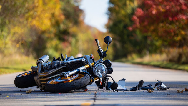 Motorcycle accident on empty road, autumn leaves, damaged bike, road safety, accident scene, transportation risk, fallen vehicle, road hazard, unexpected incident, travel mishap