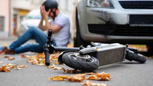 Electric scooter accident, urban street, safety concerns, helmet protection, autumn leaves, road incident, vehicle collision, modern transportation, city life, emergency response