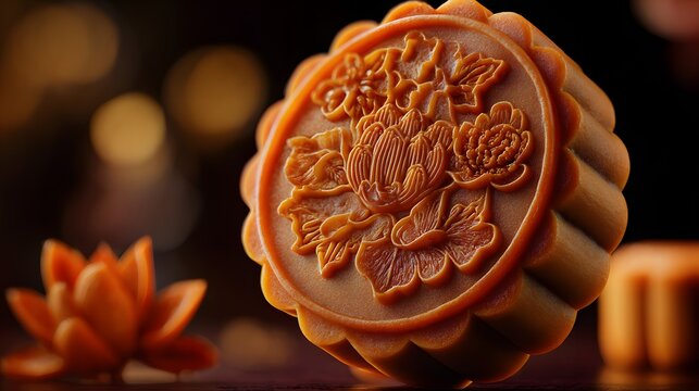 Delicious mooncake with floral details and bokeh