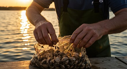 fisherman collecting clams at sunset on a serene lake, enjoying peaceful outdoor activities