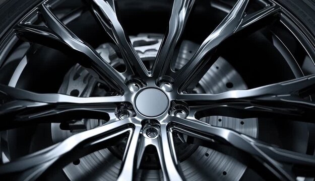 Close up showing intricate design of modern alloy car wheel rim with metallic spokes radiating from center hub, highlighting detailed structure and engineering precision
