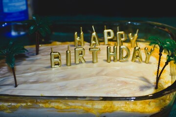 Strawberry Birthday Cake with Golden Candles and Palm Tree Decorations