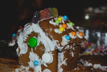 Gingerbread House Decorated with Candy and Icing