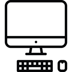 Simple outline icon of a desktop computer monitor with a keyboard and mouse on a transparent background for digital graphic design