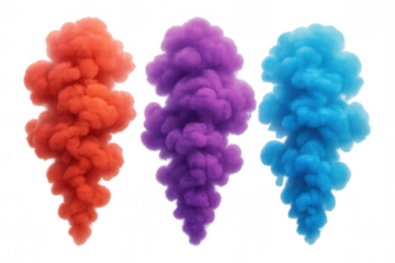 Colorful smoke plumes creating abstract shapes against a transparent background, depicting a vibrant explosion or fluid motion concept