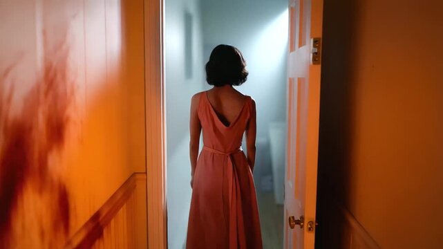 Creepy woman standing in a blood-stained hallway, dim orange light from an open door behind her, cinematic horror lighting, eerie and psychological atmosphere, fine art horror phot