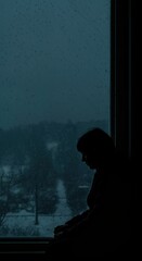 A person sits in pensive silhouette by a window covered in raindrops, looking out at a blurry, dark blue winter landscape with trees and a snowy path.