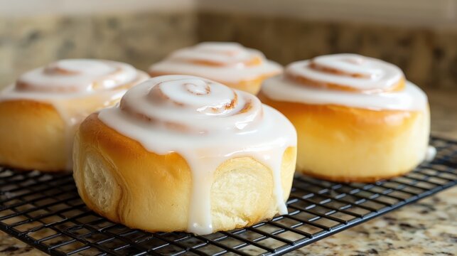 Freshly baked cinnamon rolls with icing on a cooling rack