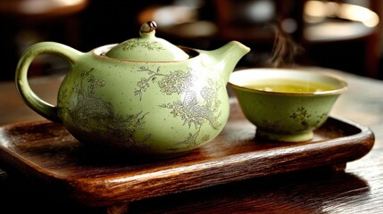 Traditional green teapot with steaming cup on wooden tray