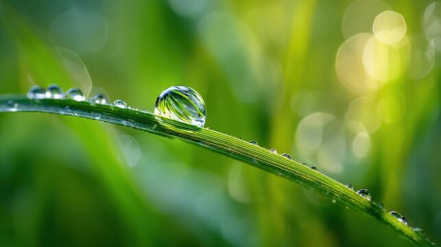 Close up of water droplets on green grass blade with soft focus background for nature photography