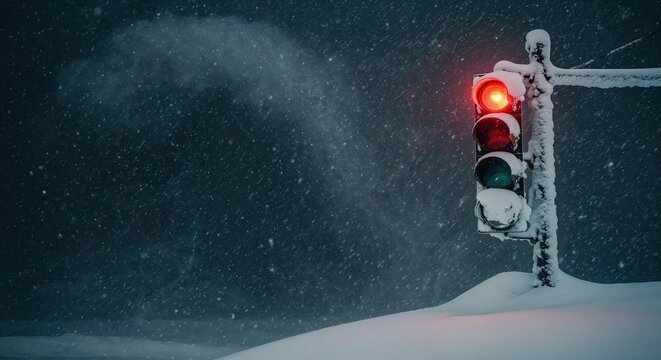A traffic light heavily covered in snow displays a bright red stop signal during a dark, cold winter storm with abundant falling snowflakes.