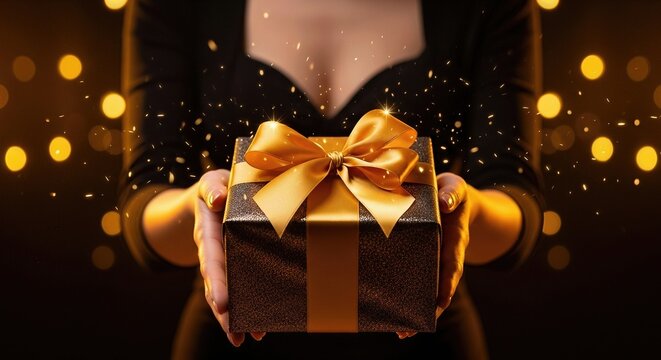 A beautifully wrapped present, a surprise gift box with a golden ribbon, held out by elegant hands, surrounded by sparkling golden lights and celebratory confetti, signifying joy and generosity.