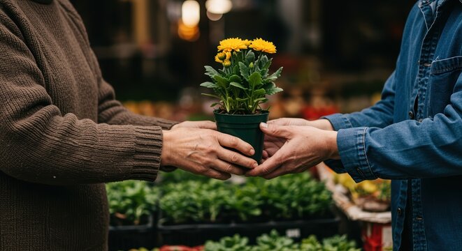 two people exchanging potted yellow flower at outdoor market during the day