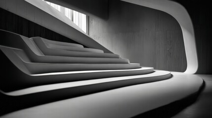 Modern architectural staircase with curved lines and soft shadows in monochrome