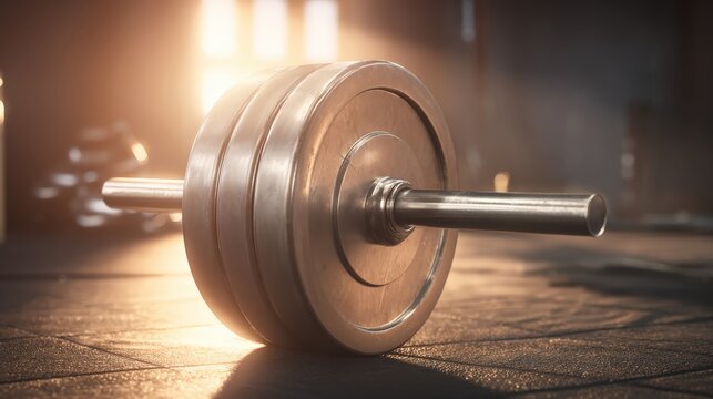 Close up of a weightlifting barbell on gym floor with soft lighting
