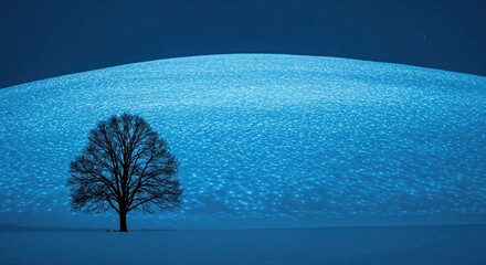 A solitary bare tree stands silhouetted against a surreal glowing blue landscape, where a hill shimmers with countless luminous points under a dark starry sky.