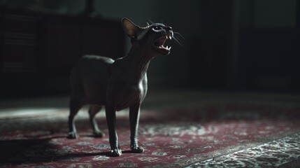 A Sphynx Cat Hissing in a Dimly Lit Room on a Persian Rug Captured in Stunning Detail and Evoking Intrigue and Curiosity About Pet Behavior