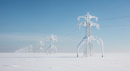 A long series of towering metal electricity pylons, heavily encrusted with white snow and ice, extends across a vast, pristine, flat winter landscape under a bright blue sky.