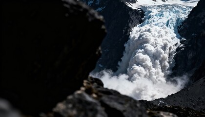 A massive, powerful avalanche of snow and ice cascades down a rugged mountain slope, generating a huge cloud of white dust against a backdrop of dark rock and a blue glacier.