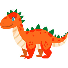 Cute Cartoon Orange Dinosaur With Green Spikes And Blue Eyes Standing On A Transparent Background