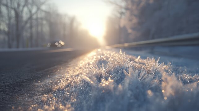 Frosty winter road with glimmering ice crystals and soft sunrise light