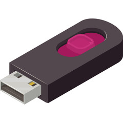 Dark Gray Isometric USB Flash Drive With Pink Button And Silver Connector And Transparent Background