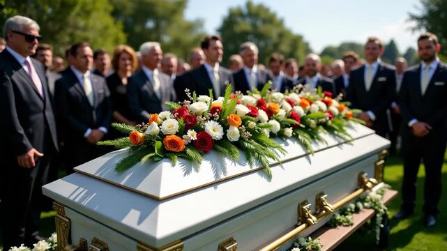 Outdoor funeral service with a white coffin adorned with vibrant flowers. Mourning people gathered for a memorial ceremony. Remembrance and respect concept
