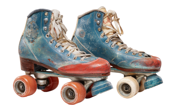 A pair of vintage roller skates, showing wear.  Colorful, faded blue and red leather, laced-up.  Visible wheels, showing use