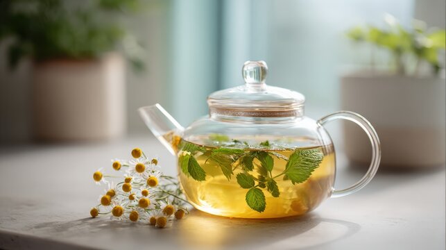 Clear glass teapot with fresh mint leaves and herbal tea on wooden table