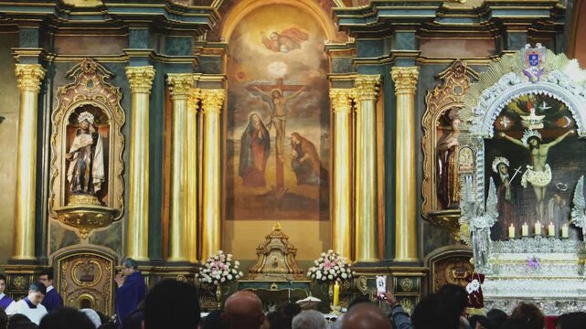 LIMA, Peru. 06 october 2025: Crowd of worshippers sitting in pews listening to a sermon during a sunday mass celebration