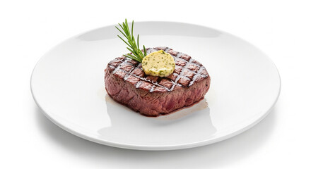 Perfectly grilled beef steak, garnished with melting herb butter and fresh rosemary, elegantly presented on a white plate for a delicious gourmet dining experience