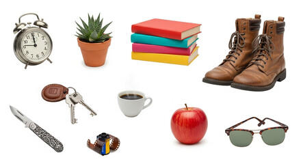 A diverse collection of everyday objects and personal essentials representing a daily routine and lifestyle concept