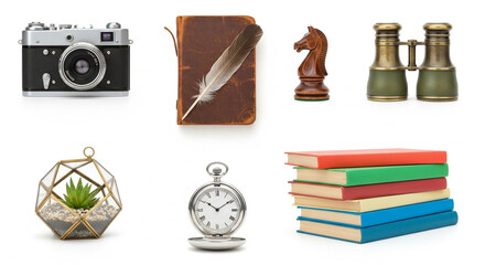 Collection of Vintage Objects Camera, Book, Chess Piece, Binoculars, and Books