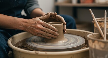 hands shaping clay pottery on spinning wheel in artistic workshop with natural lighting