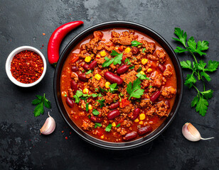 Hearty Chili Bowl with Red Pepper, Garlic, and Parsley on Dark Surface.