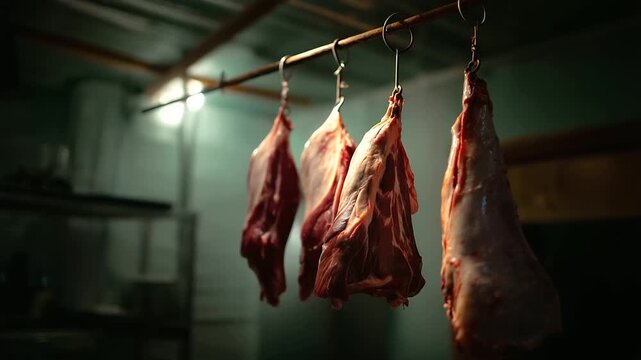 Raw meat carcasses hanging on metal hooks in an old butcher shop, cinematic gritty lighting, industrial horror realism, detailed texture, eerie atmosphere