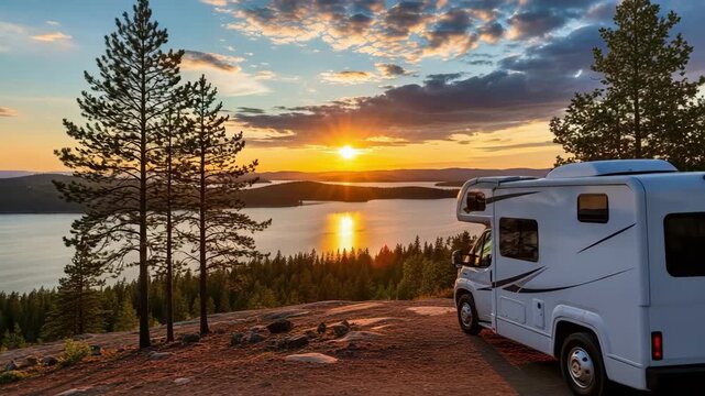 Recreational vehicle parked at sunset overlooking a vast lake. Motorhome on a scenic road trip adventure. Camping in nature with golden light