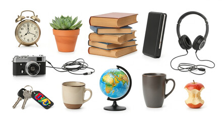 A diverse collection of everyday objects for work, study, and leisure, including a clock, books, and a camera, isolated on a white background