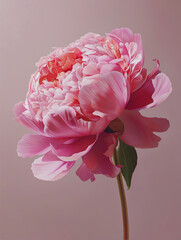 A large, stylized pink flower with finely textured petals and yellow stamens against a muted grey-blue background
