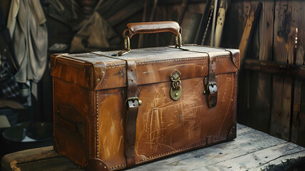 An old Vintage leather travel suitcasein a rustic workshop with a cosy environment, adventure, old suitcase on a wooden background, vintage bag on a wooden background, old rusty suitcase