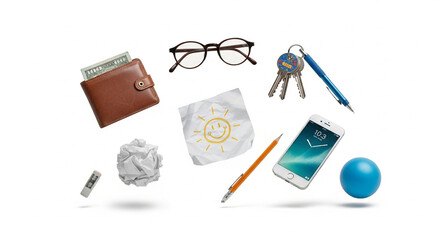 A diverse collection of everyday personal essentials and practical objects, including a wallet, smartphone, keys, eyeglasses, and stationery, artfully arranged and floating on a clean white background