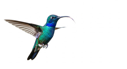 Obraz premium Hummingbird in Flight A Colorful Bird with a Long Tongue on a White Background