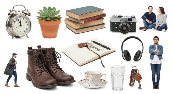 Collection of everyday objects with vintage clock, books, shoes and people